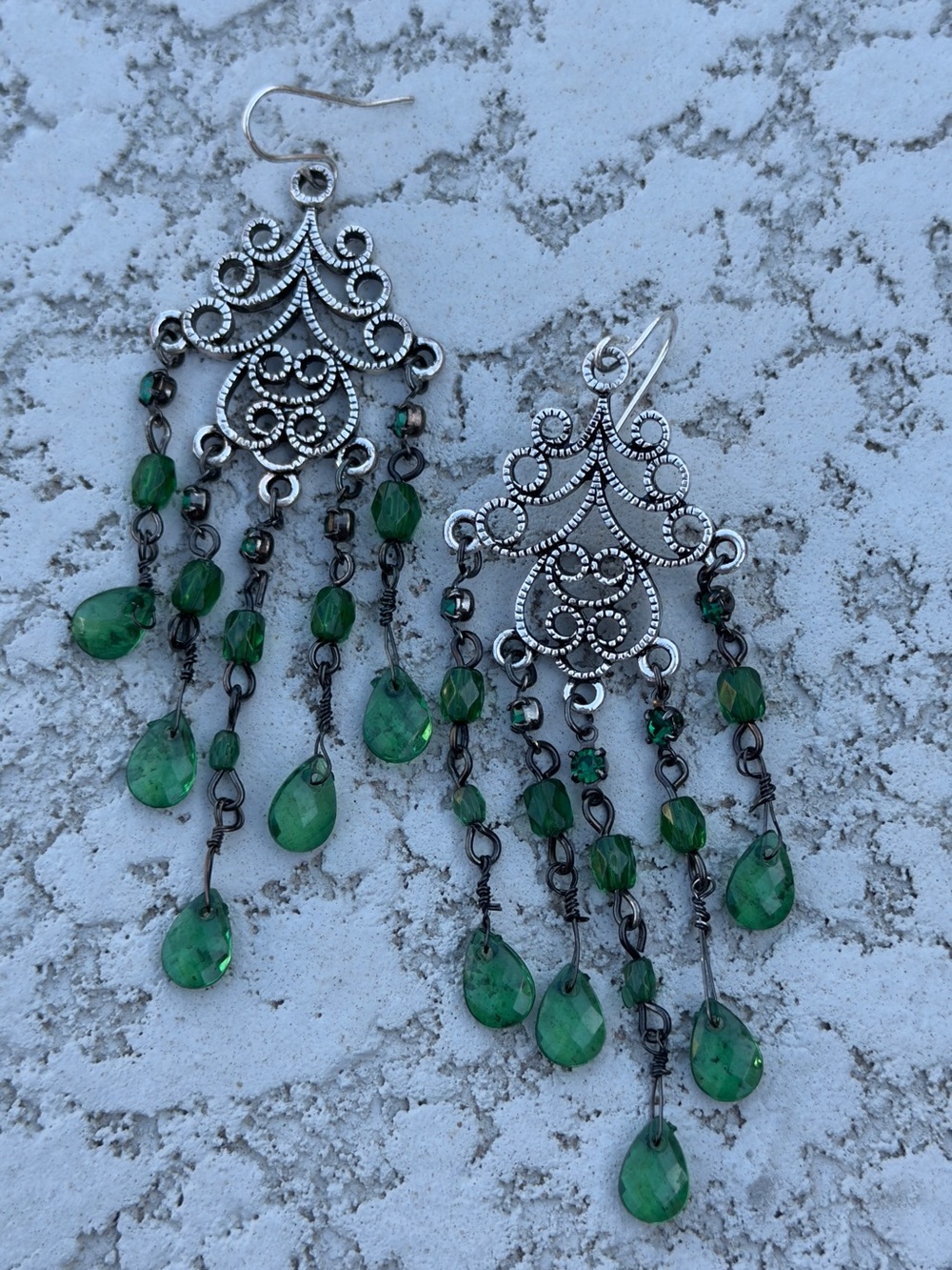 Silver Filigree Chandelier Earrings with Green Teardrop Beads